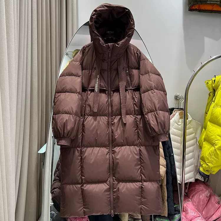 秋冬韩版宽松连帽羽绒服女中长款飘带大被子过膝保暖加厚外套