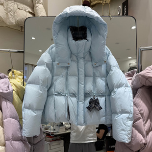 秋冬新款格子拼接羽绒服女短款连帽时尚白鸭绒加厚面包服外套潮