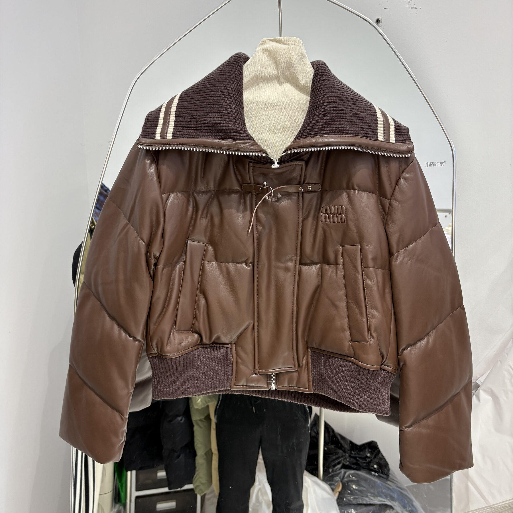 PU皮免洗针织翻领羽绒服女短款加厚保暖小个子面包服韩版宽松外套