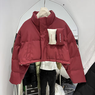 PU皮免洗宽松高腰立领羽绒服女短款保暖小个子外套显瘦可脱卸配饰