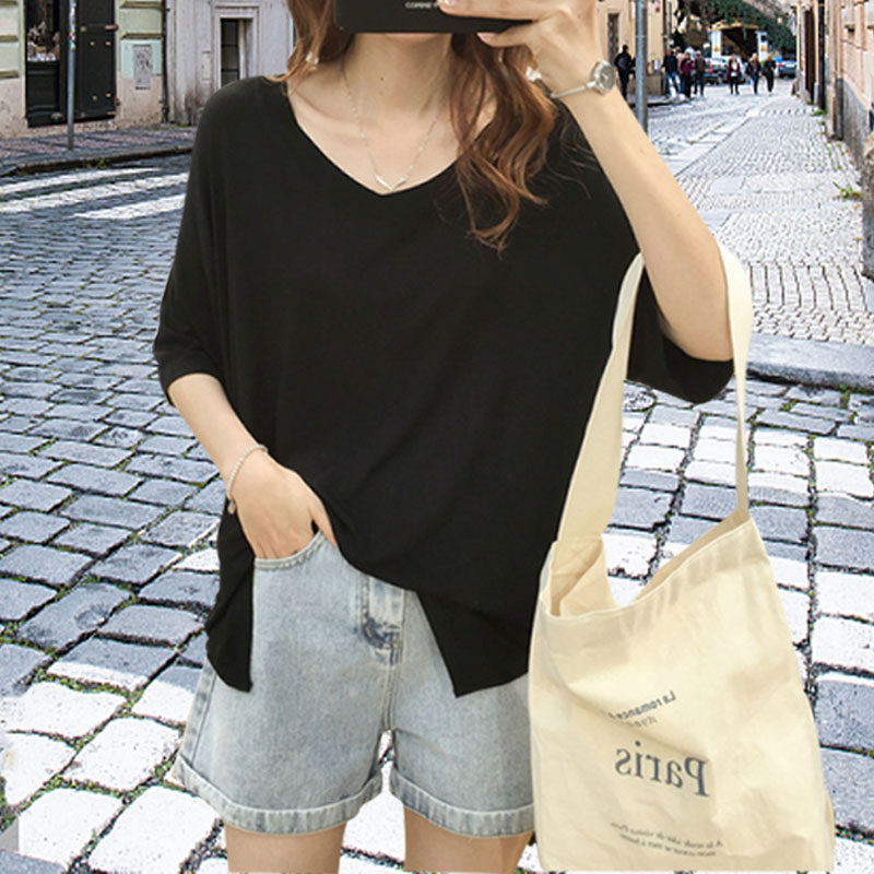 莫代尔短袖t恤女春夏季新款纯棉休闲百搭宽松大码显瘦V领上衣