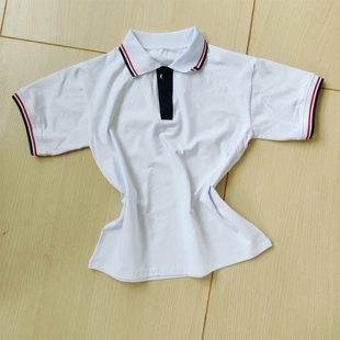 白色校服短袖白领袖口拼蓝红条藏蓝领口男女通用班服POLO衫T恤棉