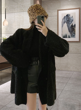 赫本风毛呢大衣冬季女颗粒绒加厚百搭中长款羊剪绒西装外套小个子
