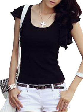 2025年夏季莫代尔T恤女简约飞飞袖纯色圆领修身显瘦荷叶短袖上衣