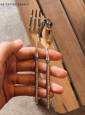 复古轻奢锤纹甜品叉勺 咖啡店不锈钢蛋糕叉子 咖啡勺