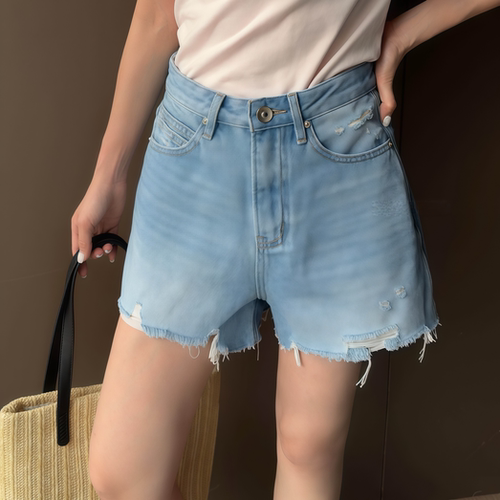 高腰浅蓝破洞毛边牛仔短裤女热裤
