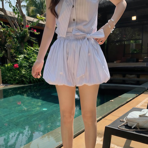 夏季条纹蝴蝶结花苞半身裙女