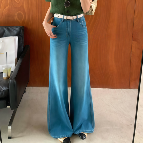 四面弹垂感高腰百搭喇叭牛仔裤女
