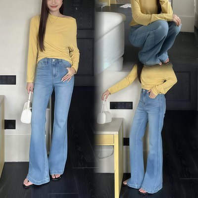 莱赛尔薄料垂坠感微喇牛仔裤女