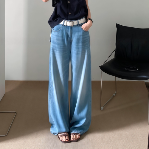 冰丝莱赛尔阔腿牛仔裤女拖地长裤