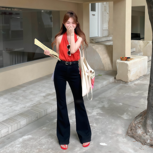 纯黑高腰显瘦显腿长夏季微喇裤女