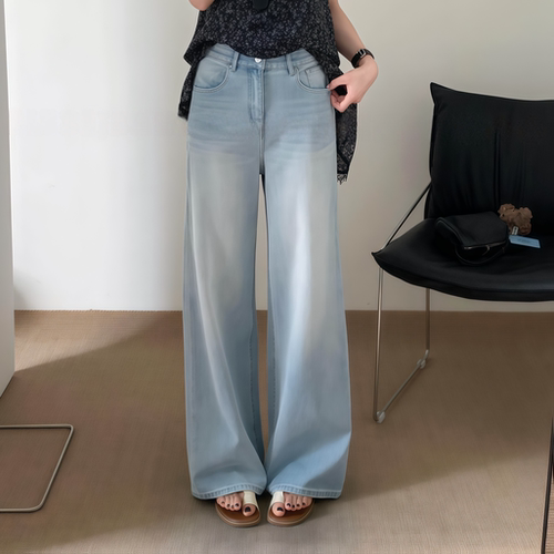 夏季浅蓝软糯四面弹阔腿牛仔裤女