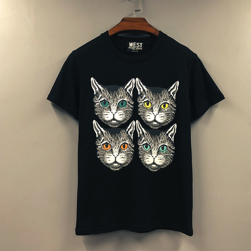 欧美潮流个性印花四个猫头宽松圆领半截短袖体t恤男女情侣装潮牌