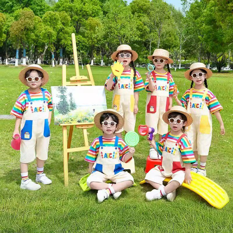 六一儿童演出服彩虹条纹背带裤运动会啦啦操男女可爱幼儿园表演服