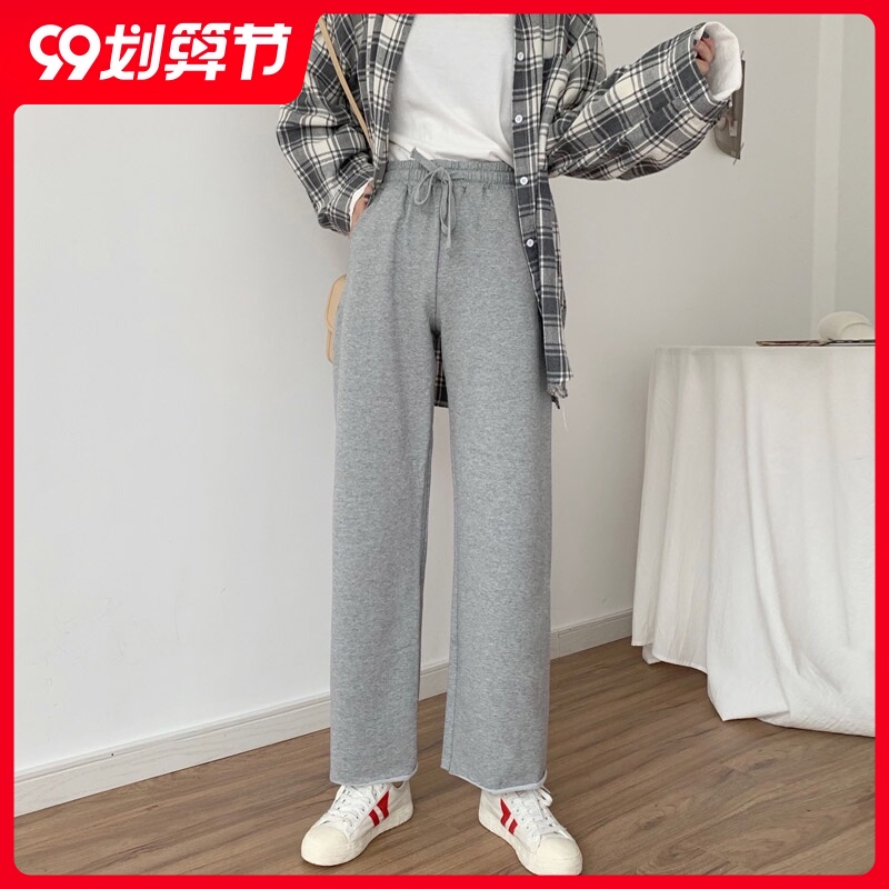 灰色阔腿裤女夏季裤子纯棉运动裤宽松直筒高腰秋季学生休闲裤薄款