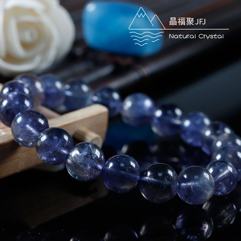 高档晶高福聚 纯天然水晶宝石堇青石水蓝宝石手串手链 饰品 透