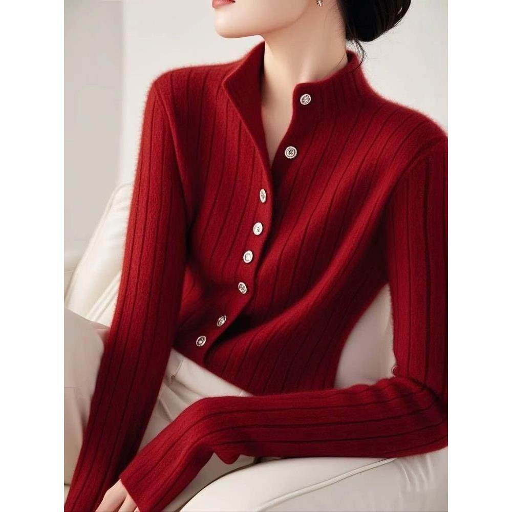 羊绒酒红色毛衣开衫女秋冬氛围感慵懒内搭纯色针织外套打底衫上衣,女装/女士精品,羊绒衫,淘宝优惠券,粉丝福利购,淘宝优惠卷