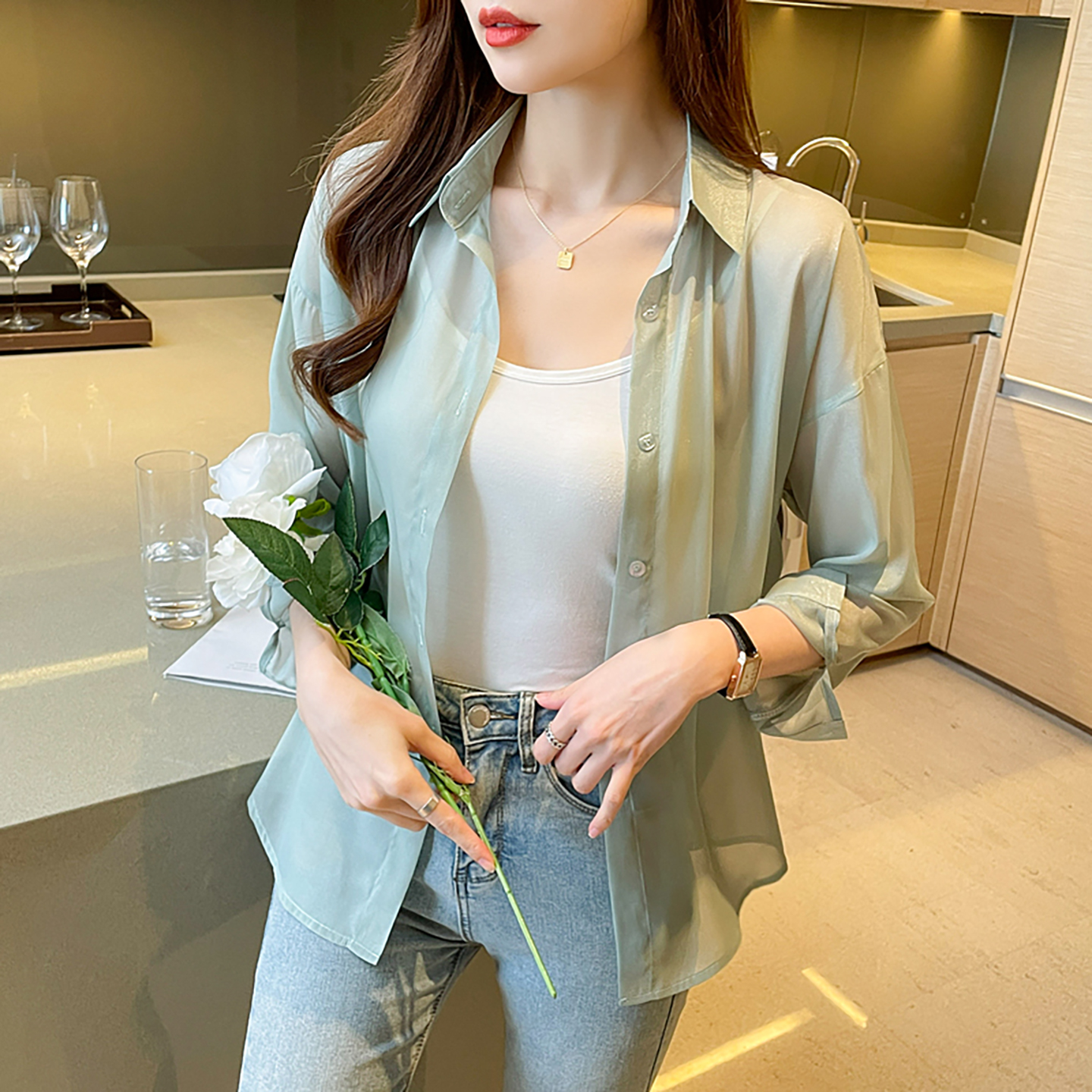 真丝薄款防晒衣长袖衬衫女士夏季宽松翻领衬衣气质桑蚕丝绿色上衣