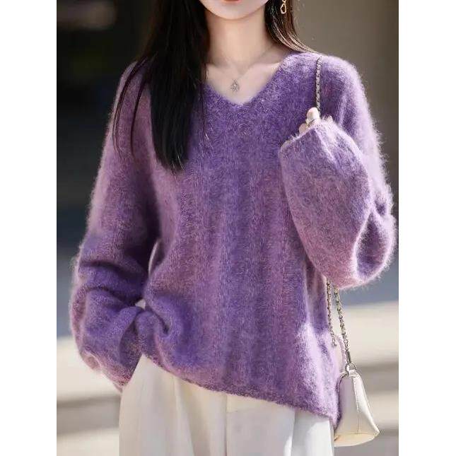 羊绒紫色V领长袖针织衫女秋冬高端时尚宽松温柔软糯毛衣女士上衣