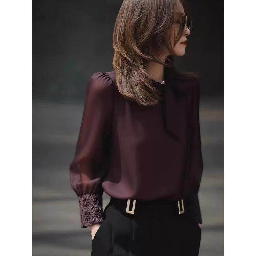桑蚕丝轻熟风深紫色长袖衬衫女蕾丝拼接袖口真丝衬衣春秋打底上衣,女装/女士精品,衬衫,淘宝优惠券,粉丝福利购,淘宝优惠卷