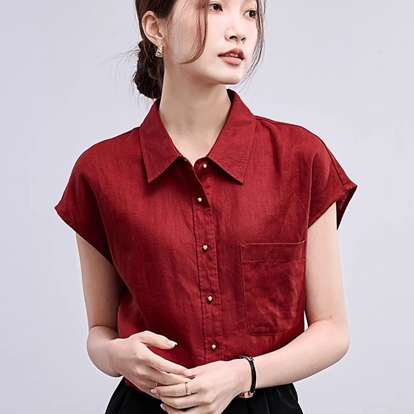 高端真丝红色短袖衬衫女夏季职业通勤衬衣减龄时尚气质桑蚕丝上衣