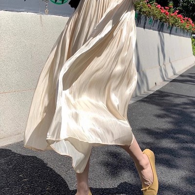 高腰真丝褶皱半身裙女夏桑蚕丝百褶裙小个子中长款流光A字裙伞裙