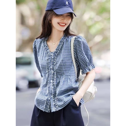 真丝短袖衬衫女夏季设计感时尚V领甜美格子小衫收腰显瘦短款上衣