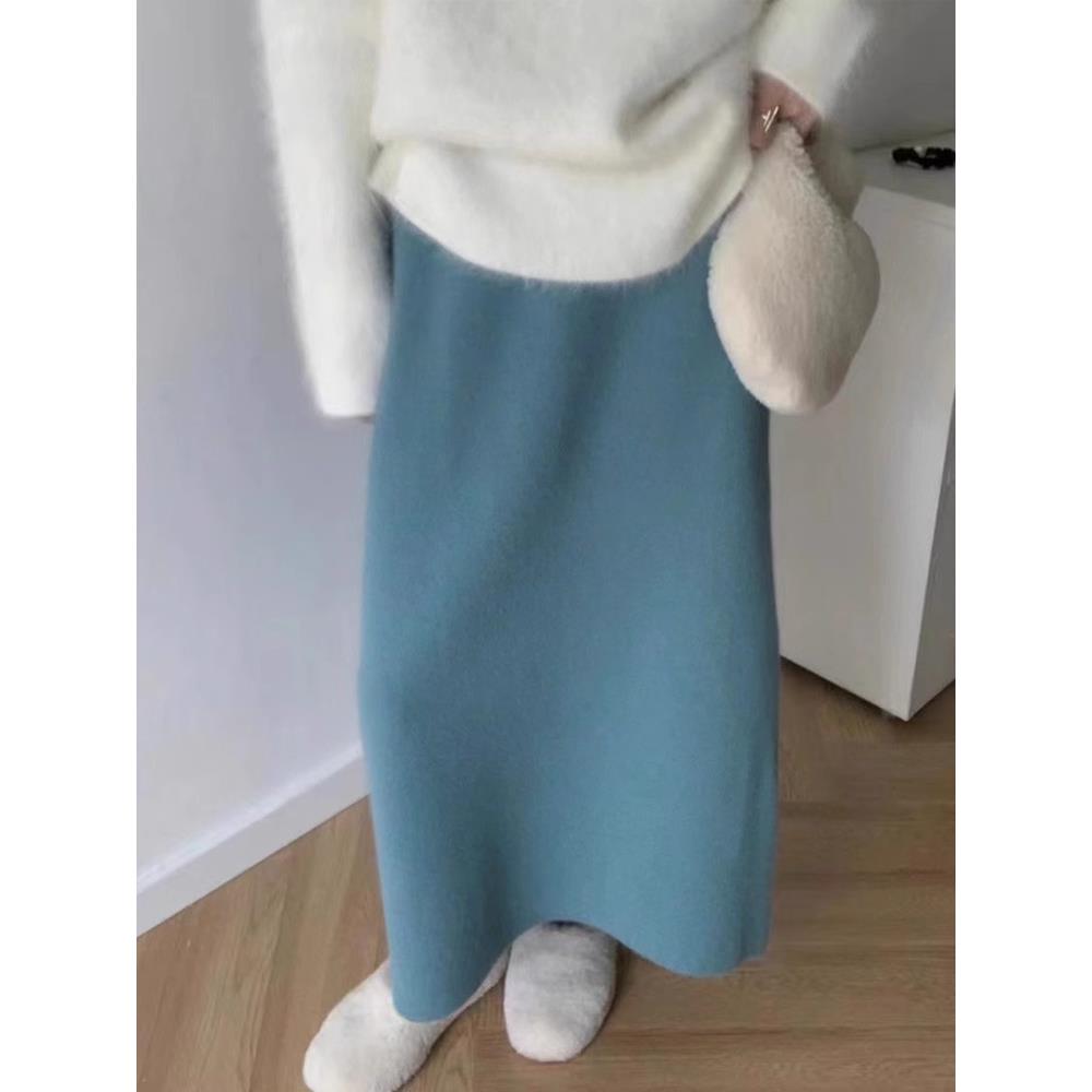 软糯羊绒蓝色针织半身裙女秋冬中长款包臀一步裙直筒高腰毛线半裙