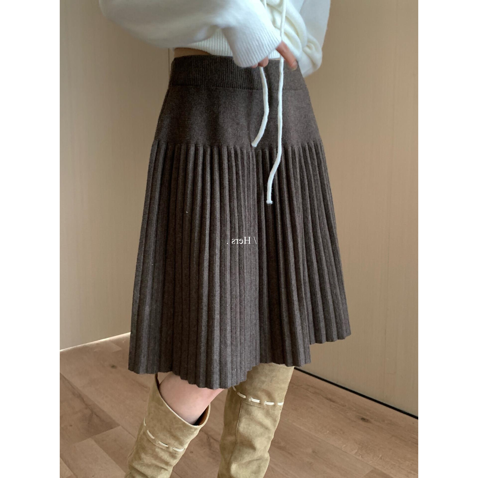 复古咖色羊绒针织半身裙女秋冬高腰垂感显瘦百褶裙A字裙毛线中裙