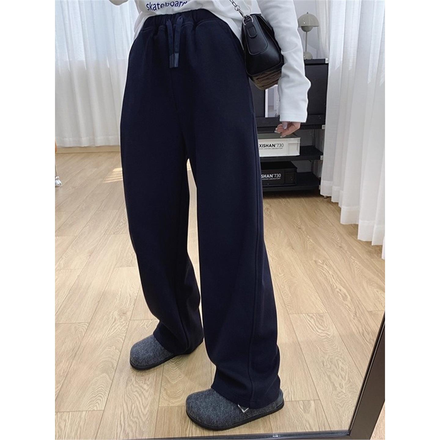 蓝色羊绒香蕉直筒裤女秋冬高腰垂感休闲弯刀裤宽松显瘦镰刀裤卫裤