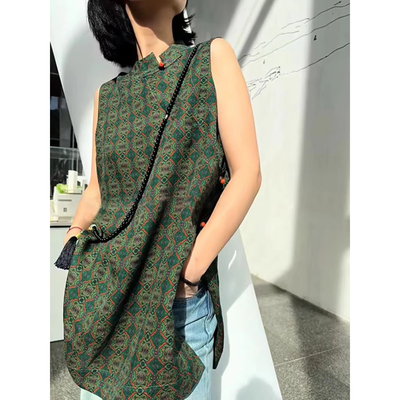 新中式真丝绿色衬衫女国风盘扣马甲中长款桑蚕丝印花无袖开叉上衣