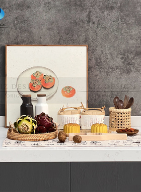 国风样板间厨房摆件橱柜软装饰品套装核桃油瓶仿真月饼装饰画竹篮