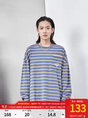 PCLP(PERCLIPS) horizontal stripe embroidery long sleeve T-shirt National Tide brand round neck hip hop loose sweater