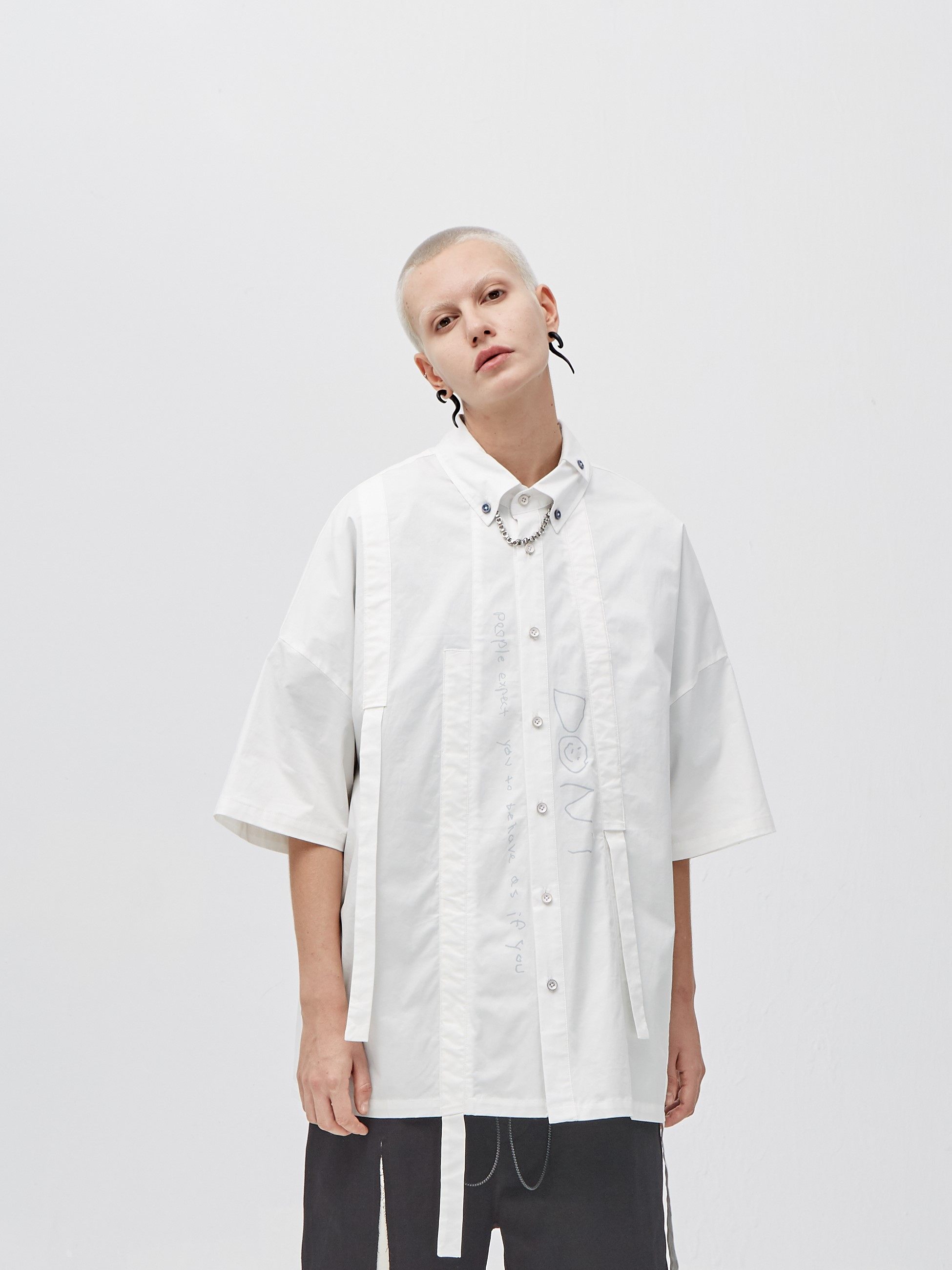 PCLP (PERCLIPS) white streamer short-sleeved shirt summer thin casual men's shirt loose tide