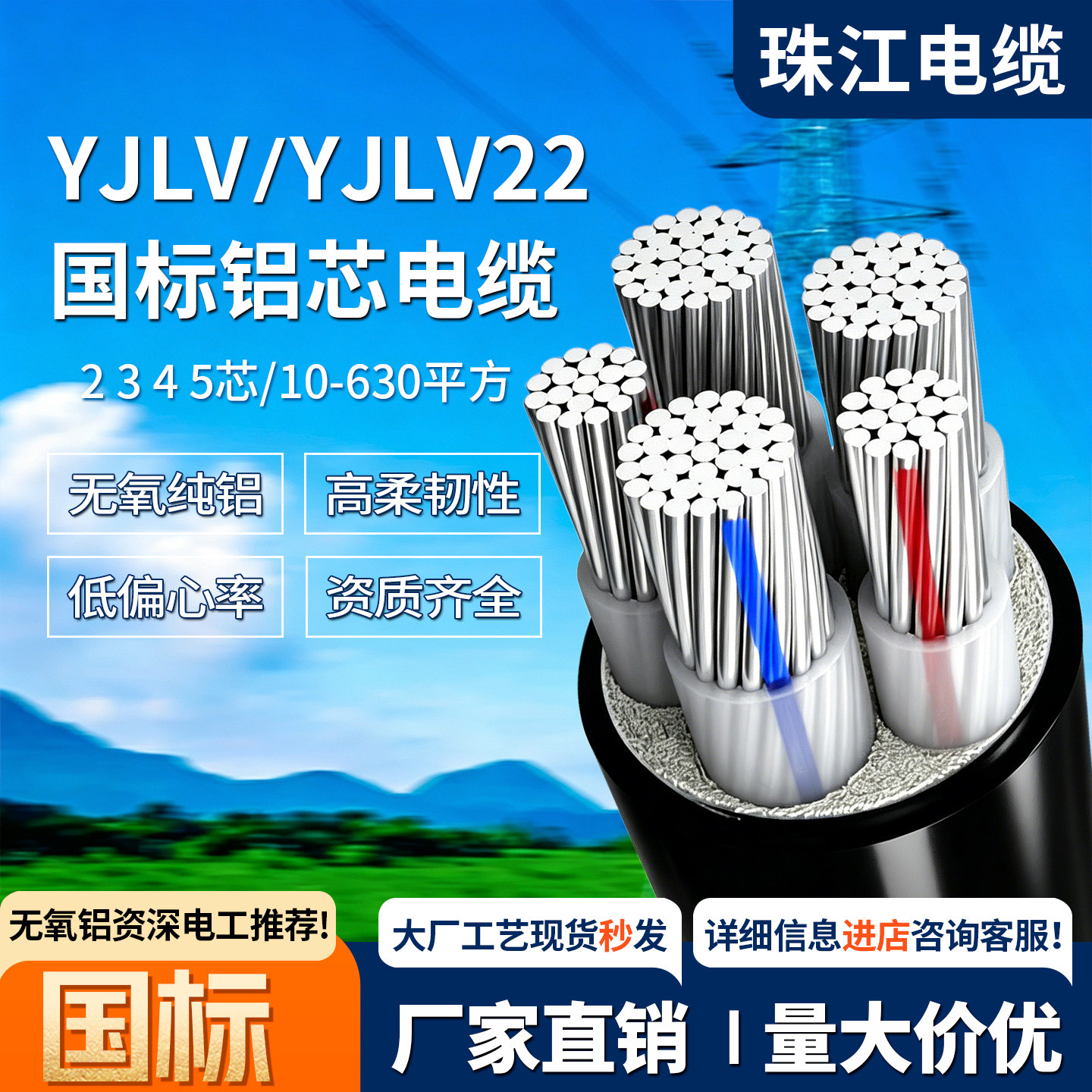 珠江电缆国标YJLV22铝芯电缆线图片