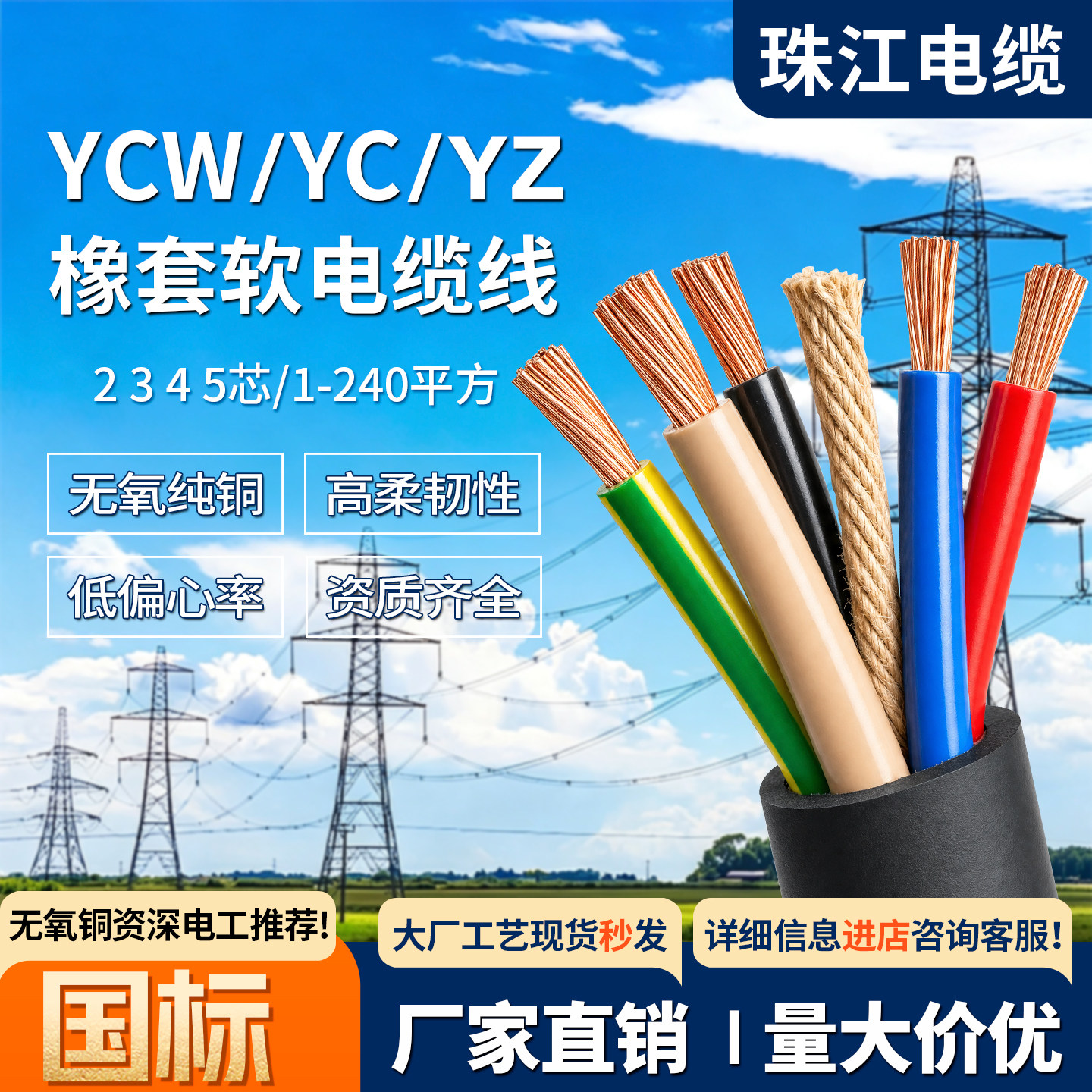 珠江YCW国标阻燃护套线10m图片