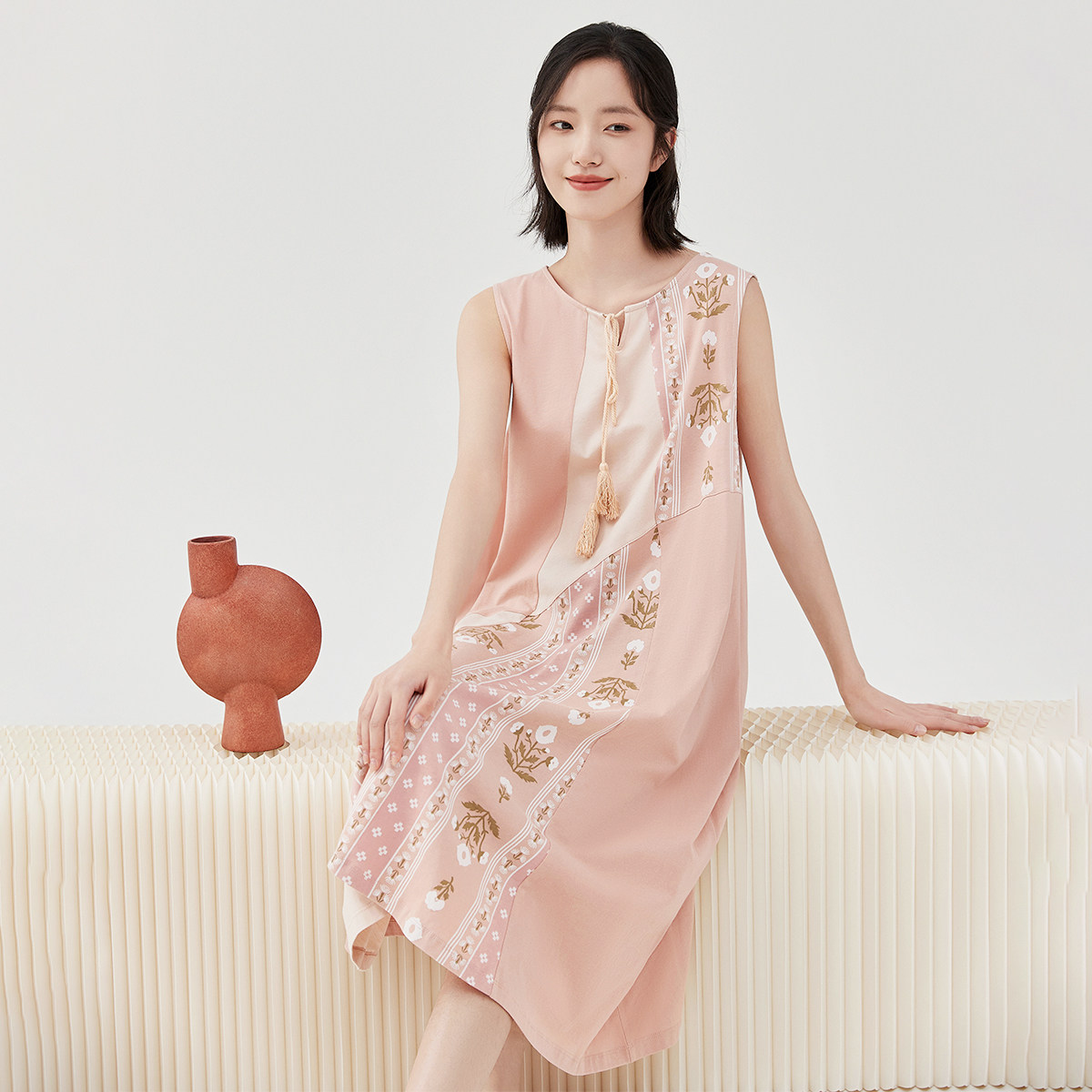 顶瓜瓜睡裙女款纯棉春夏季无袖长款印花睡袍家居服套装可外穿