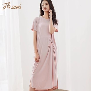 顶瓜瓜夏新款宽松短袖连衣裙收腰显瘦裙粘纤不规则气质过膝睡裙