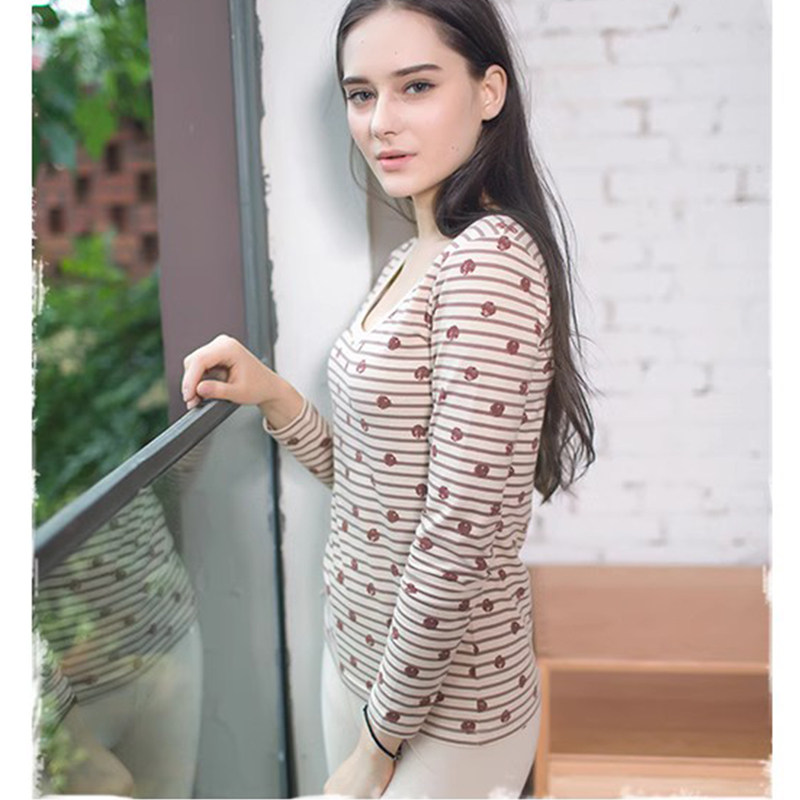 顶呱呱秋衣秋裤女彩棉内衣女套装冬季保暖内衣薄款条纹圆领打底衫