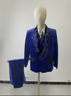 出租男童宝蓝色亮闪闪绒钢琴演讲主持人礼服花童生日儿童套装西服