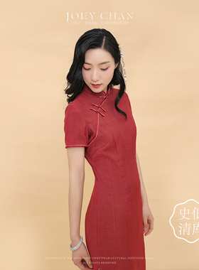 JoeyChan巧懿【与绯】假襟后拉链红色银丝短袖长款民国旗袍礼服女