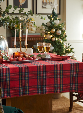 偏爱集美式圣诞桌布高级轻奢红色格子复古经典餐桌盖布过年台布