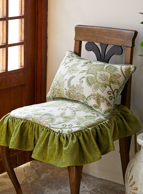 偏爱集美式椅垫复古田园风棉麻混纺绣花春莺绿色餐厅坐垫靠垫组合