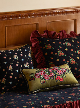 偏爱集美式复古抱枕荷叶边客厅沙发法式玫瑰绣花绿色腰枕靠垫组合