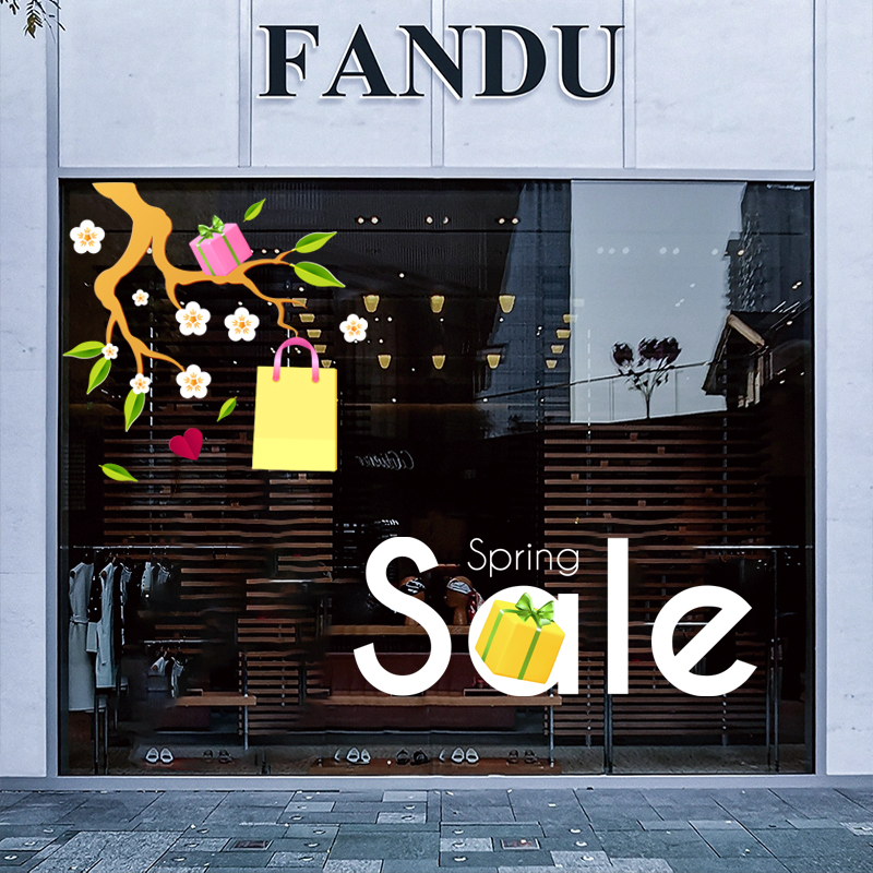 春季商场促销装饰品花朵场景布置女装店铺橱窗门玻璃贴纸静电膜