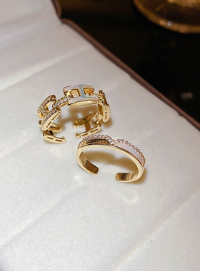 真金电镀贝母锆石字母几何开口戒指韩国轻奢高级感食指戒手饰