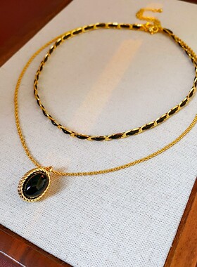 中古vintage项链真金电镀椭圆树脂皮革锁骨链复古轻奢高级感项饰