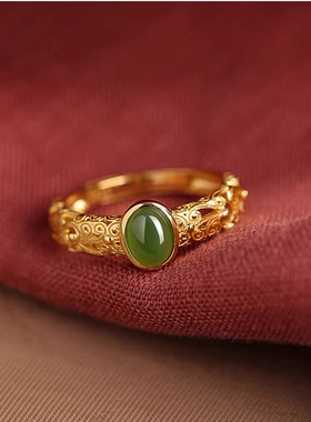 古法金花丝玉髓戒指女时尚高级镀金色食指戒送妈妈生日礼物