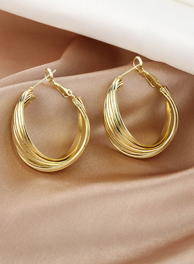 s925银针韩国多层缠绕夸张气质简约个性小众设计感耳扣耳饰