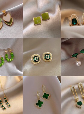 925银针绿色系几何形小香风耳环设计感耳钉耳坠气质个性银针